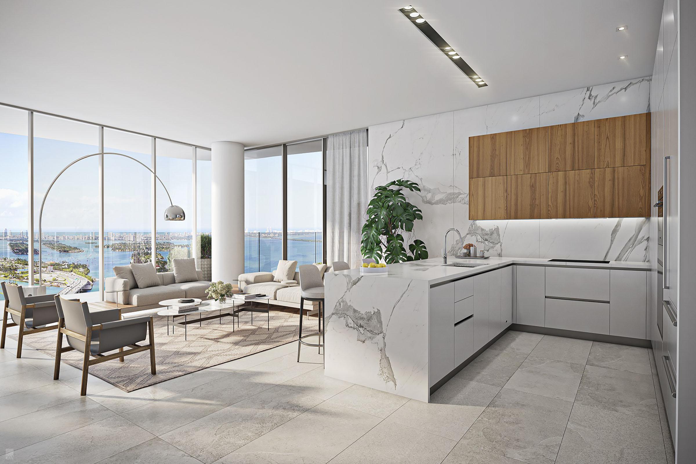 Rendering of Casa Bella Residences Kitchen and Living Room Flow Through